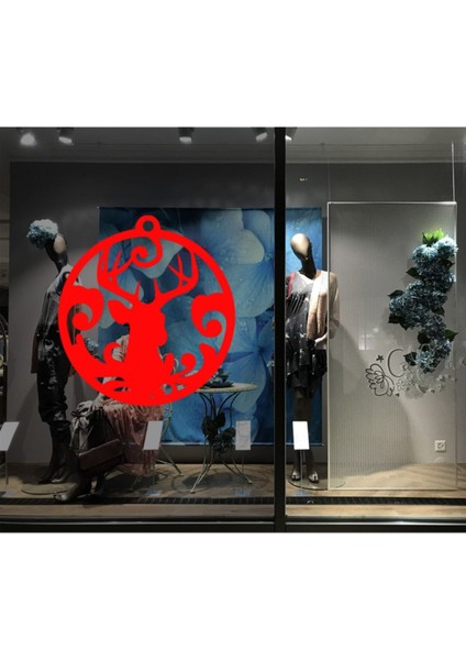 Tekno Trust Kırmızı Yılbaşı Süslemeleri Boynuzlu Silindir Içinde Geyik Vitrin Cam Çıkartması 46X50CM