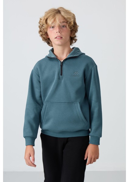 Erkek Çocuk Kapüşonlu Pamuklu Fermuar Yaka Yumuşak Dokulu Nakışlı Sweatshirt 11244 Orman Yeşili