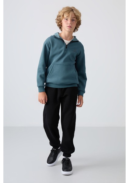 Erkek Çocuk Kapüşonlu Pamuklu Fermuar Yaka Yumuşak Dokulu Nakışlı Sweatshirt 11244 Orman Yeşili indirimleri