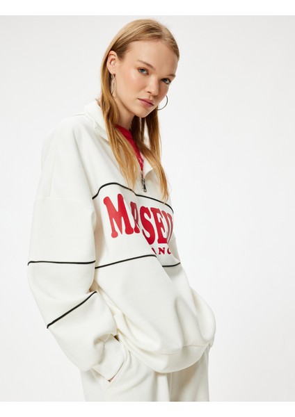 Oversize Sweatshirt Yarım Fermuarlı Kolej Baskılı Şardonlu