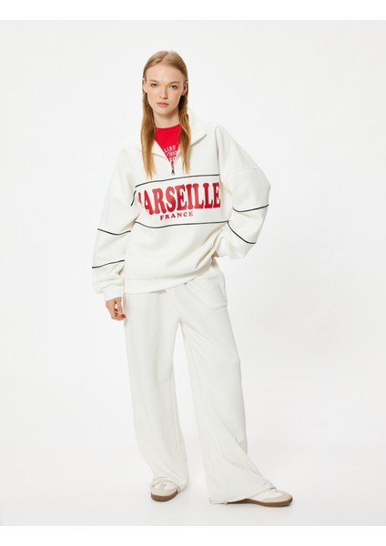 Oversize Sweatshirt Yarım Fermuarlı Kolej Baskılı Şardonlu