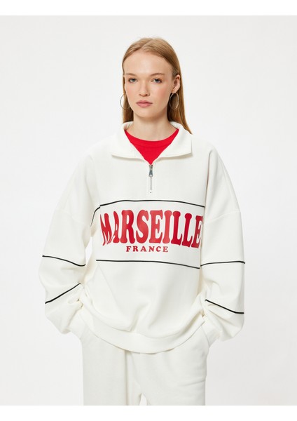 Oversize Sweatshirt Yarım Fermuarlı Kolej Baskılı Şardonlu