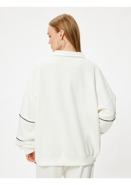 Oversize Sweatshirt Yarım Fermuarlı Kolej Baskılı Şardonlu