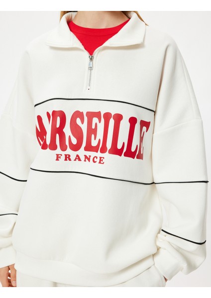 Oversize Sweatshirt Yarım Fermuarlı Kolej Baskılı Şardonlu