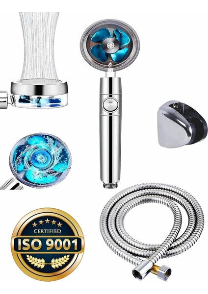 Silver Sapphire Turbo Pervaneli Duş Başlığı Yüksek Basınçlı Fıskiye Batarya Start/stop Düğmeli Duş Hortumu 150 cm ve Mafsal Set Duş Başlığı Seti