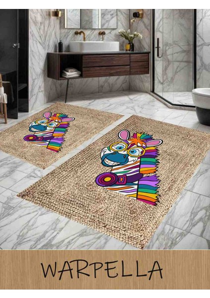 Jüt Görünümlü Zebra Desenli 2'li Banyo,halı Paspas Takımı ,dijital Baskılı (60*100-40*60)