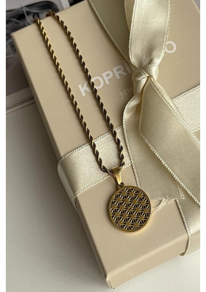 Çelik Gold Burgu Halat Maide Yaşam Çiçeği Kolye (45 Cm)