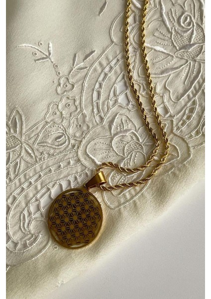 Çelik Gold Burgu Halat Maide Yaşam Çiçeği Kolye (45 Cm)