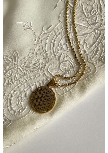 Çelik Gold Burgu Halat Maide Yaşam Çiçeği Kolye (45 Cm)