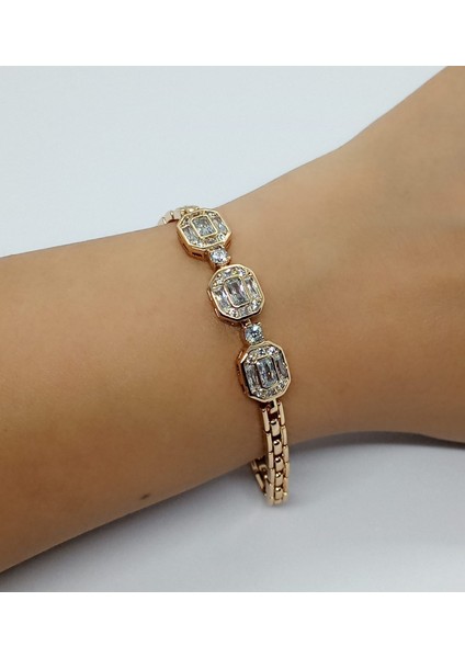 Xuping Jewelry Baget Zirkon 3 Taşlı Rose Gold Kare Zincir Bileklik fiyatları