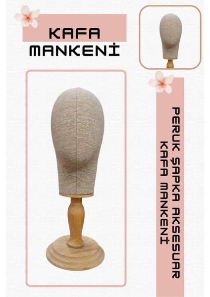 Kumaş Kaplı Ahşap Standlı Polyester Kafa Mankeni Aksesuar Mankeni Şapka Mankeni Peruk Mankeni