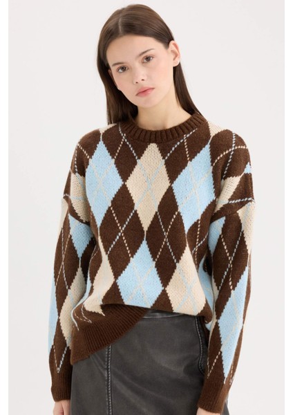 Regular Fit Baklava Desenli Bisiklet Yaka Triko Kazak D9519Ax24Wn