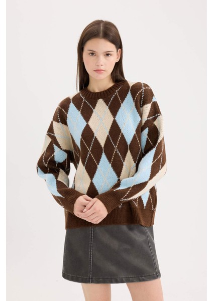 Regular Fit Baklava Desenli Bisiklet Yaka Triko Kazak D9519Ax24Wn