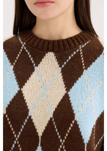 Regular Fit Baklava Desenli Bisiklet Yaka Triko Kazak D9519Ax24Wn