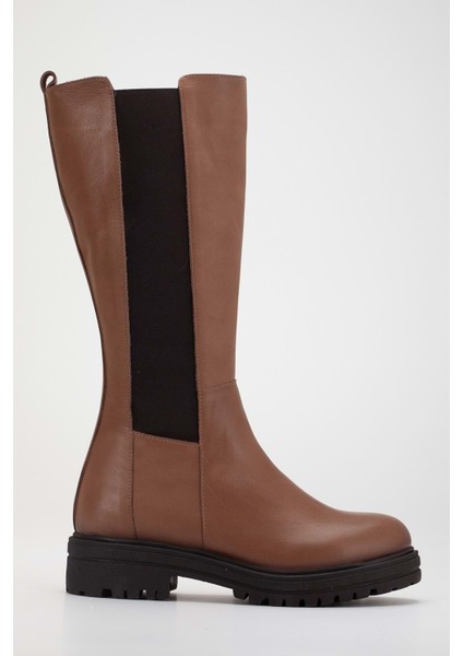 Kadın Deri Boydan Lastikli Fermuarlı Düz Çizme - Ceviz modelleri