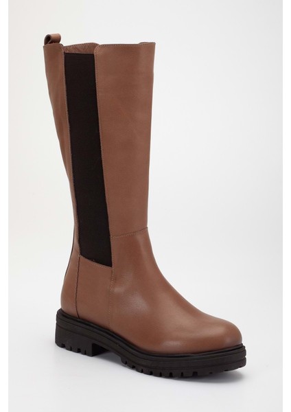 Kadın Deri Boydan Lastikli Fermuarlı Düz Çizme - Ceviz fırsatları