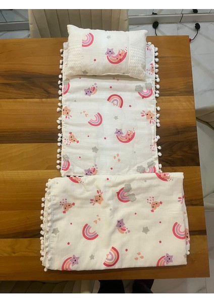 Battaniyeli 3'lü Bebek Müslin Alt Açma Seti, Minderi, Bebek Yastığı, Yenidoğan, Beşik,bebek Ürünleri