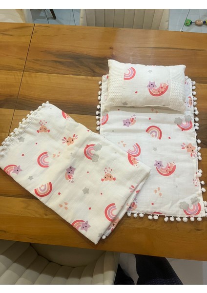 Battaniyeli 3'lü Bebek Müslin Alt Açma Seti, Minderi, Bebek Yastığı, Yenidoğan, Beşik,bebek Ürünleri indirimleri