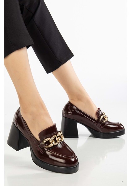Kadın Deri Tokalı Kalın Topuklu Ayakkabı - Bordo Rugan