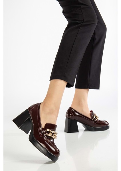 Kadın Deri Tokalı Kalın Topuklu Ayakkabı - Bordo Rugan fiyatları