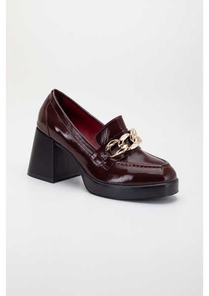 Kadın Deri Tokalı Kalın Topuklu Ayakkabı - Bordo Rugan fırsatları