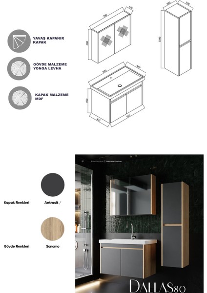 Dallas 80 cm Lavabolu Aynalı Banyo Dolabı Lavabo Dahil Boy Dolabı Dahil S.meşe-Antrasit indirimleri