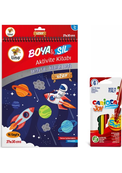 Lino Boya Sil Aktivite Boyama Kitabı Uzay A4 Ebat (Silinebilir) Carioca 6'lı Boya