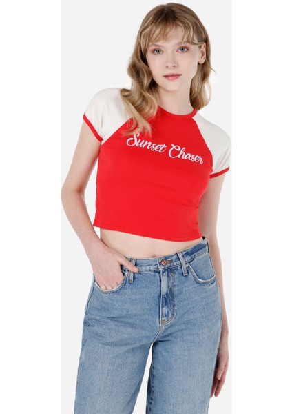 Slim Fit Yuvarlak Yaka Kadın Kirmizi Kısa Kol Tişört Cl1069238