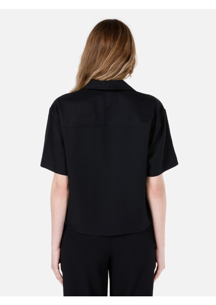 Regular Fit Shirt Neck Düz Kadın Siyah Kısa Kol Gömlek Cl1068238
