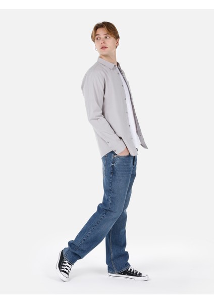Regular Fit Shirt Neck Düz Erkek Gri Uzun Kol Gömlek Cl1067013