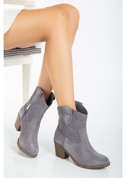 Kadın Deri Yumuşak Süet Western Kovboy Bot - Gri Süet