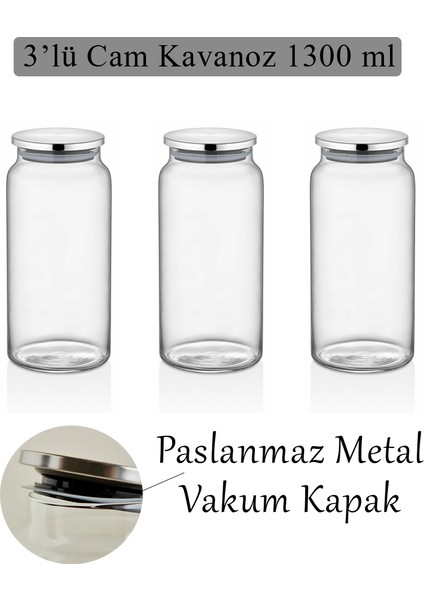 3 Adet Metal Kapaklı Kavanoz 1300 Cc, Şekerlik Çerezlik Baharatlık ve Saklama Kabı, Etiket Hediyeli