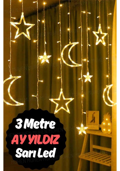 Tekno Trust Sarı Renk 3 Metre LED Perde | Ay ve Yıldız Motifli Dekoratif Aydınlatma Çözümü