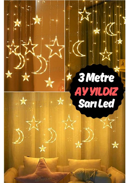 Tekno Trust Sarı Renk 3 Metre LED Perde | Ay ve Yıldız Motifli Dekoratif Aydınlatma Çözümü