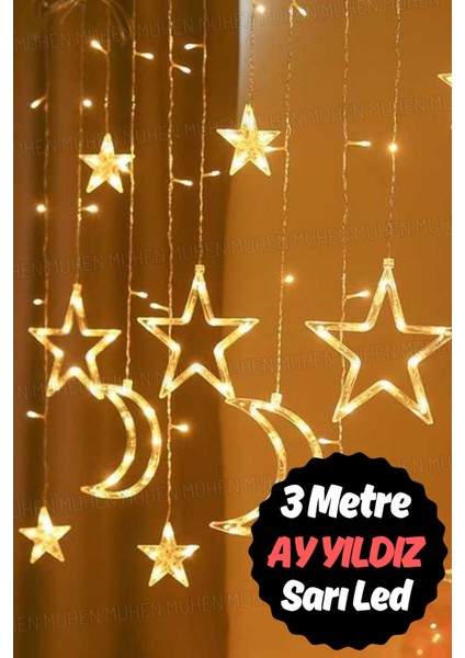 Tekno Trust Sarı Renk 3 Metre LED Perde | Ay ve Yıldız Motifli Dekoratif Aydınlatma Çözümü