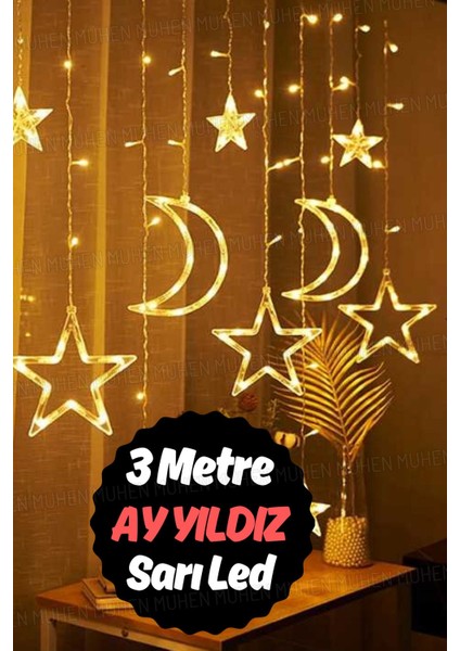 Tekno Trust Sarı Renk 3 Metre LED Perde | Ay ve Yıldız Motifli Dekoratif Aydınlatma Çözümü