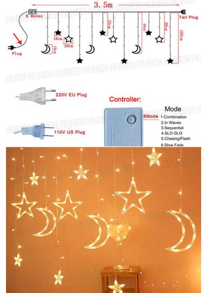 Tekno Trust Sarı Renk 3 Metre LED Perde | Ay ve Yıldız Motifli Dekoratif Aydınlatma Çözümü
