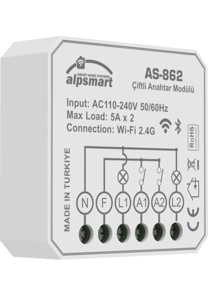 AS-862 Akıllı Wi-Fi Çiftli Duvar Anahtarı Modülü Tuya Uyumlu