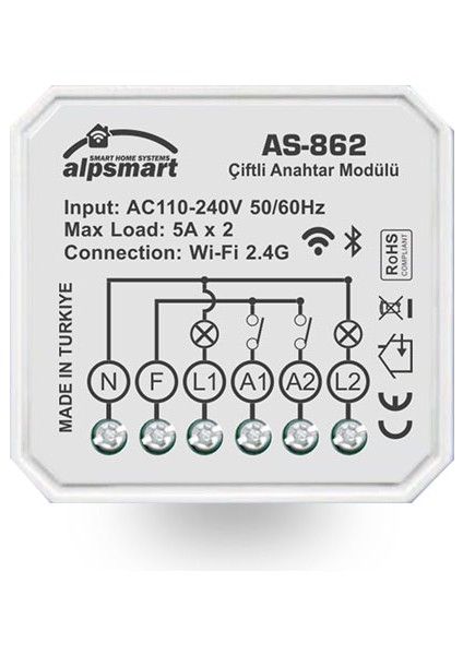 AS-862 Akıllı Wi-Fi Çiftli Duvar Anahtarı Modülü Tuya Uyumlu