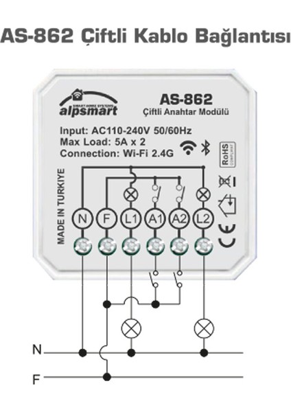 AS-862 Akıllı Wi-Fi Çiftli Duvar Anahtarı Modülü Tuya Uyumlu