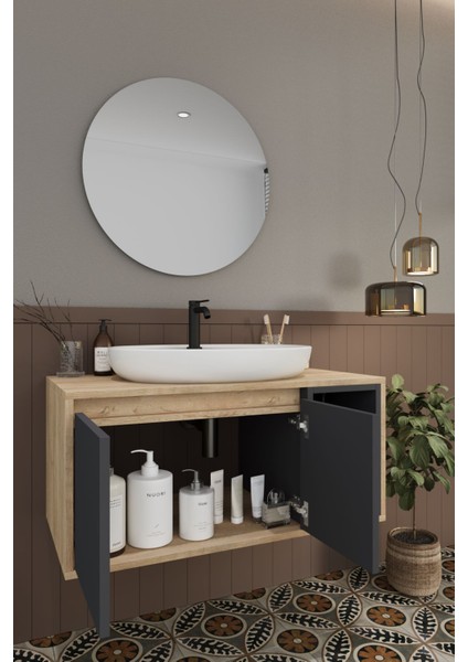 Banyo Gül 90 cm Demonte Banyo Dolabı Ayna Lavabo