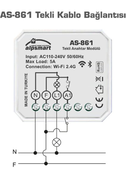 AS-861 Akıllı Wi-Fi Tekli Duvar Anahtarı Modülü Tuya Uyumlu