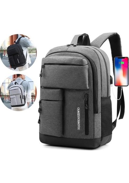 USB Şarj Girişli Bilgisayar Sırt Çantası - Gri (Yurt Dışından)