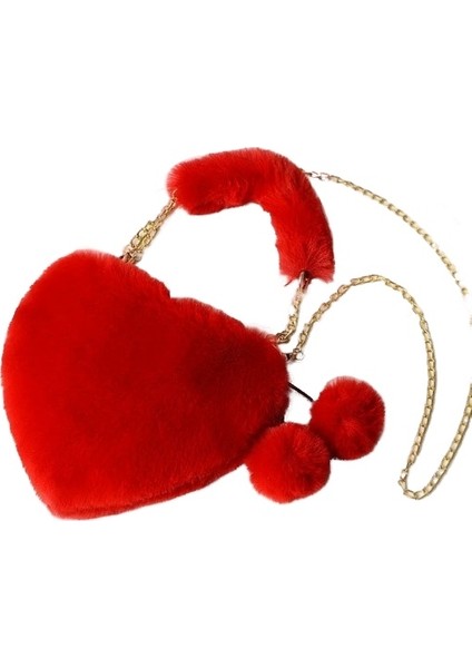 Qiuming Shop Kremsi Peluş Kalp Şeklinde Omuz Kış Kadın Sevimli Debriyaj Aşk Zincir Messenger Kadın Crossbody Çanta (Yurt Dışından)
