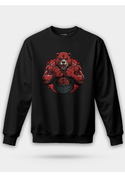Bodybuilder Kaslı Kırmızı Ayı Baskılı Bisiklet Yaka Oversize Sweatshirt