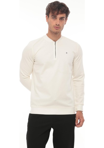 Yarım Fermuarlı Kolej Yaka Sweatshirt Regular Fit-Beyaz- 2317
