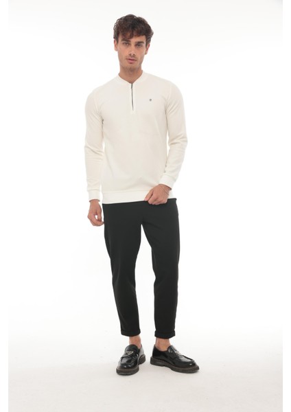 Yarım Fermuarlı Kolej Yaka Sweatshirt Regular Fit-Beyaz- 2317