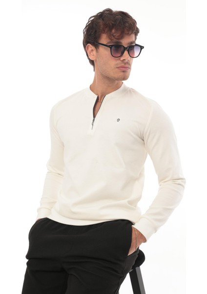 Yarım Fermuarlı Kolej Yaka Sweatshirt Regular Fit-Beyaz- 2317