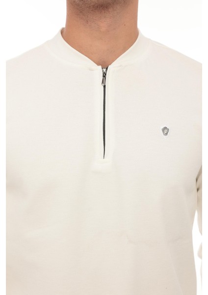 Yarım Fermuarlı Kolej Yaka Sweatshirt Regular Fit-Beyaz- 2317