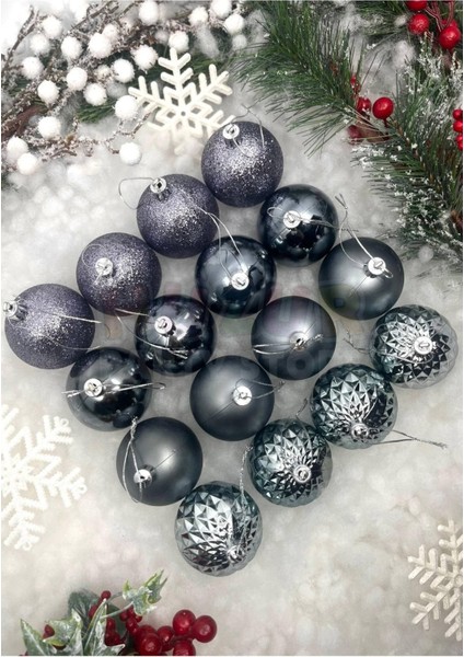 16'lı Koyu Gümüş Rengi Cici Top 6 cm Simli Mat Parlak Uzay Grisi Yılbaşı Yeni Yıl Çam Ağacı Süs